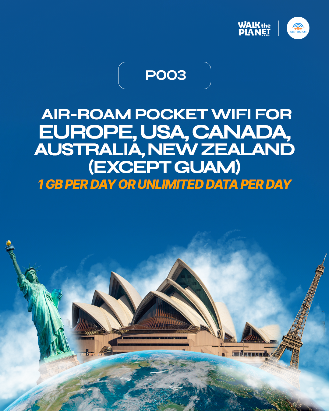 P003: Europe, USA, Canada, Australia, New Zealand (except Guam) Pocket Wi-Fi